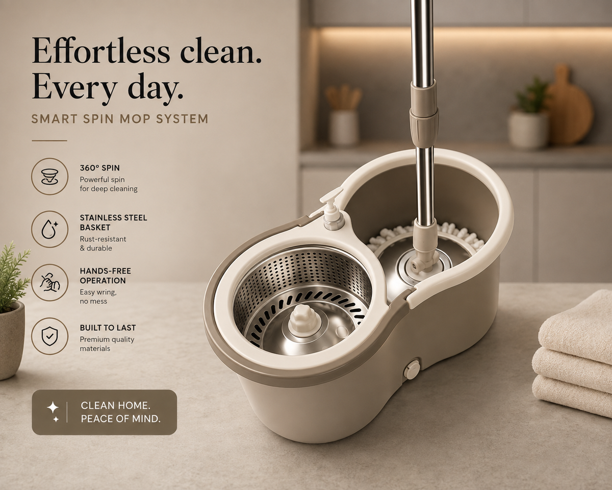 Easy Spin Magical Mop Set with Steel Bucket | 360 Degree Rotating Microfiber Mop Head | Home & Office Floor Cleaning Tool