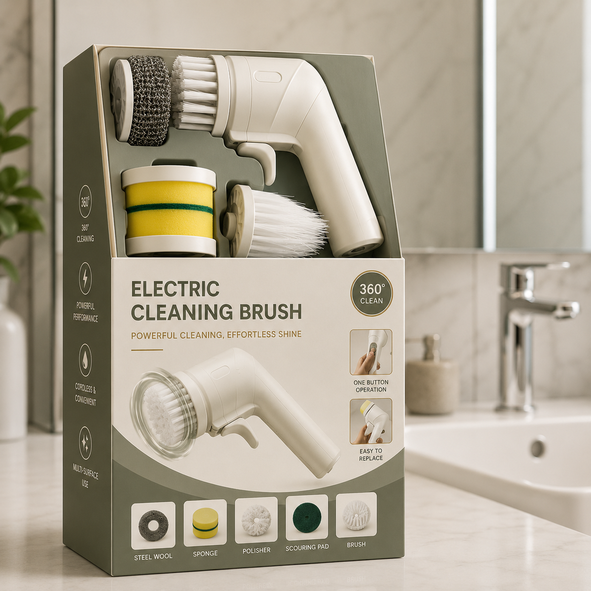 Electric Cleaning Brush With Multiple Attachments For Efficient Home Cleaning – 360° Rotating Scrubber With Sponge, Brush, And Steel Wool Heads