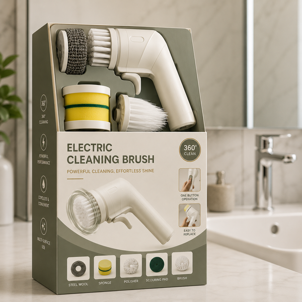 Electric Cleaning Brush With Multiple Attachments For Efficient Home Cleaning – 360° Rotating Scrubber With Sponge, Brush, And Steel Wool Heads