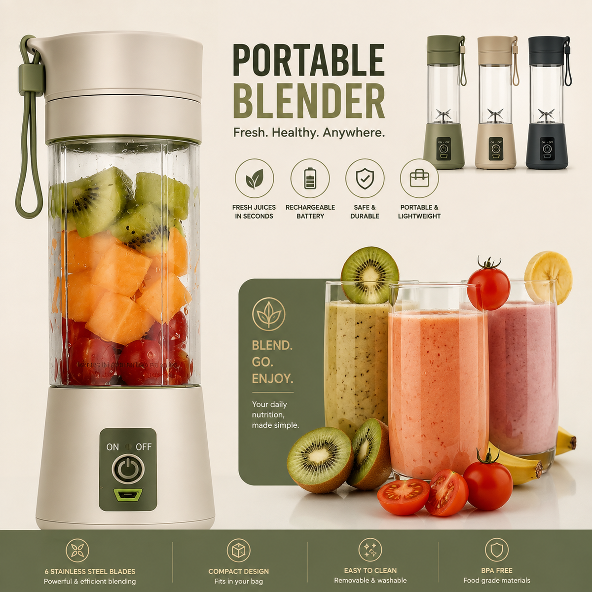 Portable Rechargeable USB Juicer Blender Bottle – Mini Electric Fruit Smoothie Maker